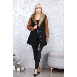 Black jacket with brown leather sleeves and fur collar