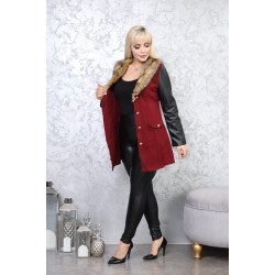 Red jacket with leather sleeves and fur collar