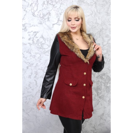 Red jacket with leather sleeves and fur collar