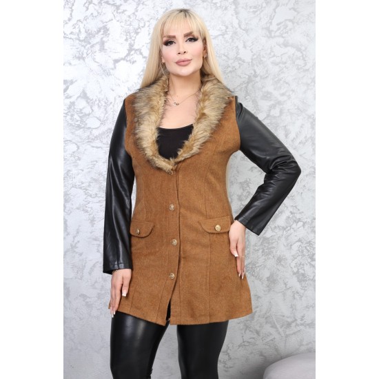 Brown jacket with leather sleeves and fur collar