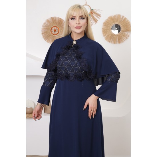 Evening/morning dress in navy color with exquisite embroidery