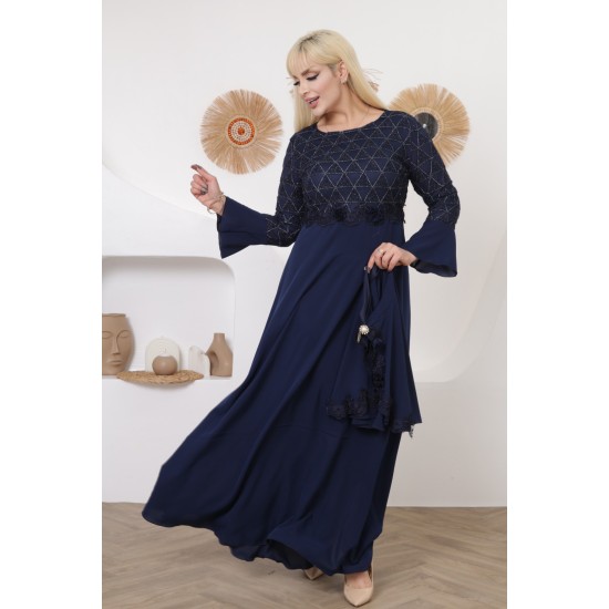 Evening/morning dress in navy color with exquisite embroidery