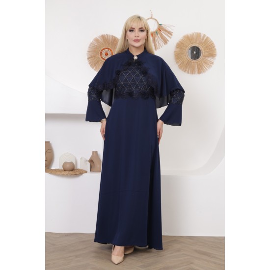 Evening/morning dress in navy color with exquisite embroidery