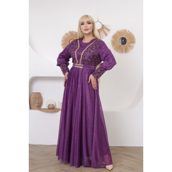 Evening dress with Ottoman embroidery in mauve color