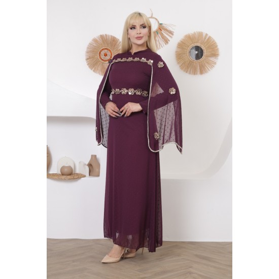 Evening dress with wide sleeves, two pieces, burgundy