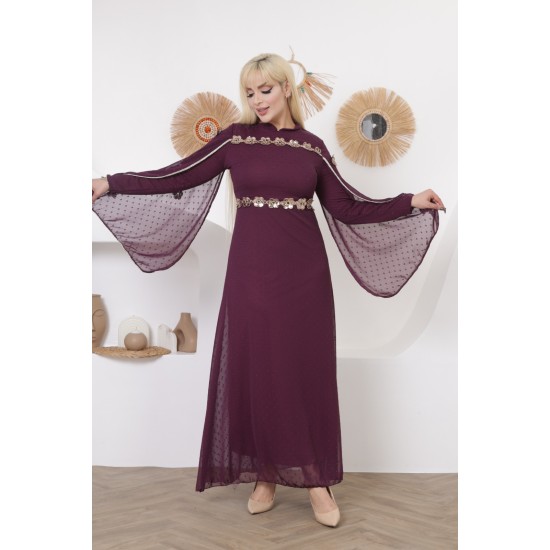 Evening dress with wide sleeves, two pieces, burgundy