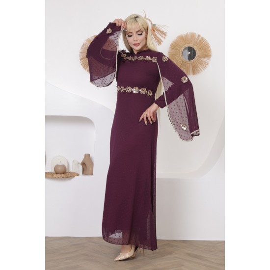 Evening dress with wide sleeves, two pieces, burgundy