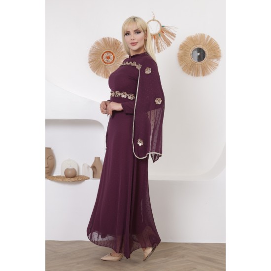 Evening dress with wide sleeves, two pieces, burgundy