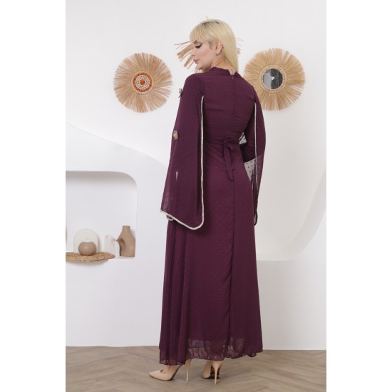 Evening dress with wide sleeves, two pieces, burgundy