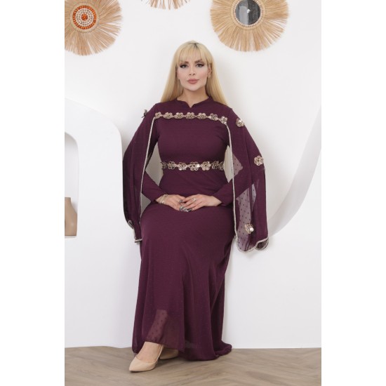 Evening dress with wide sleeves, two pieces, burgundy