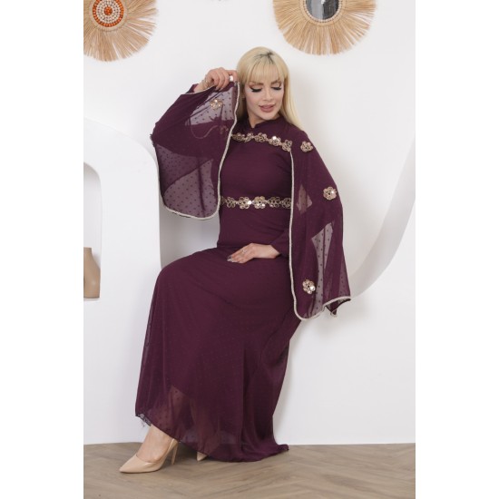 Evening dress with wide sleeves, two pieces, burgundy