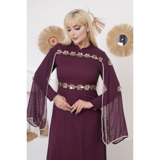 Evening dress with wide sleeves, two pieces, burgundy