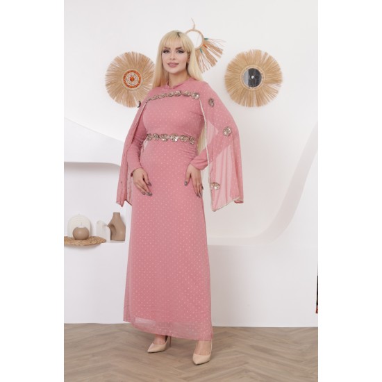 Pink two-piece wide-sleeved evening dress