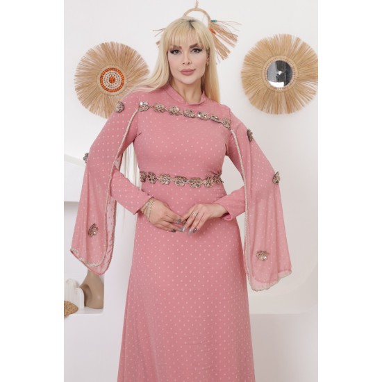 Pink two-piece wide-sleeved evening dress