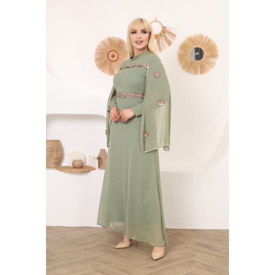 Green two-piece wide-sleeved evening dress