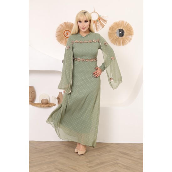 Green two-piece wide-sleeved evening dress