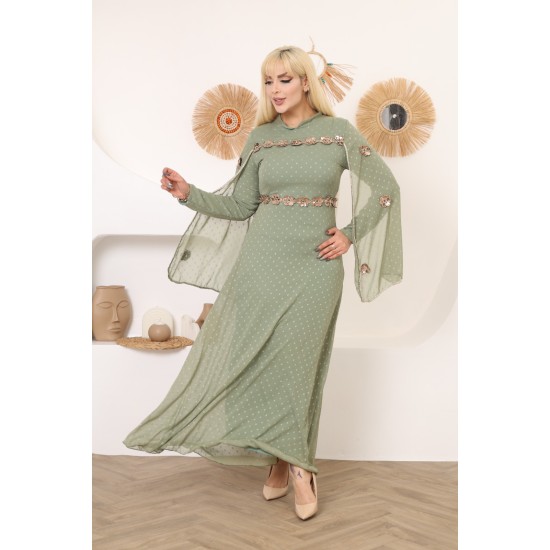 Green two-piece wide-sleeved evening dress