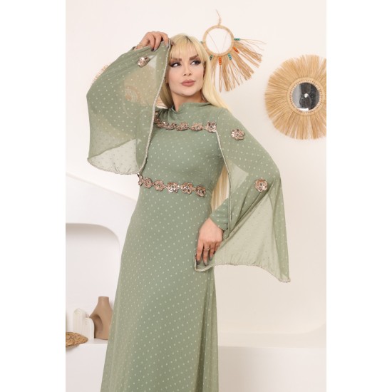 Green two-piece wide-sleeved evening dress