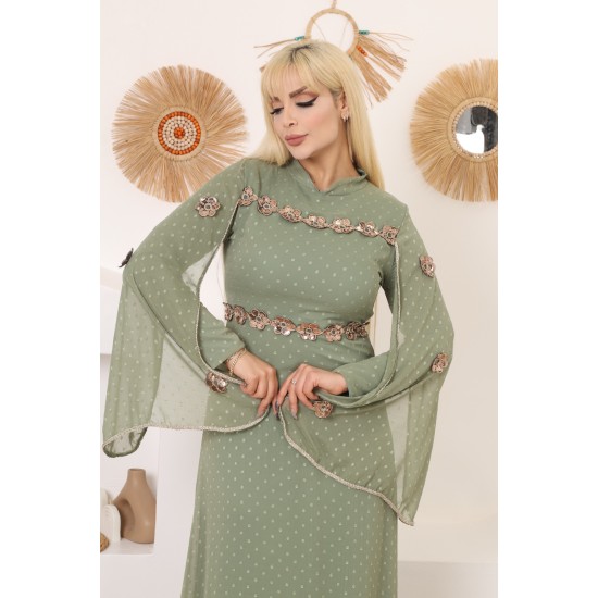 Green two-piece wide-sleeved evening dress