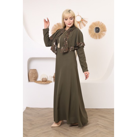 Casual/evening dress with two-piece swariyah Ottoman detail in olive colour