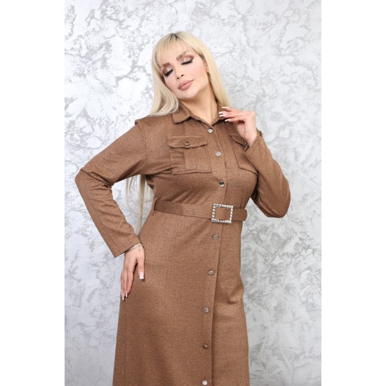 Casual dress with buttons along the length with exquisite detailing in brown