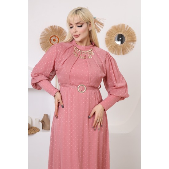 Evening dress with exquisite embellishments and a pink necklace