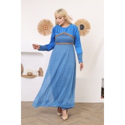 Elegant blue velvet and fabric evening dress