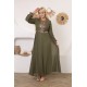 Olive green evening dress, elegant fabric, and golden lace