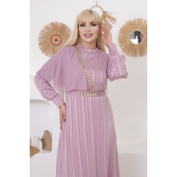 Mauve evening dress with chiffon shoulders and exquisite embroidery