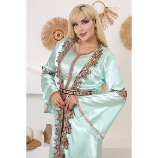 Royal two-piece dress with Ottoman details in turquoise