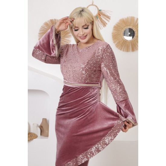 Velvet soiree dress with luxurious straps in mauve colour