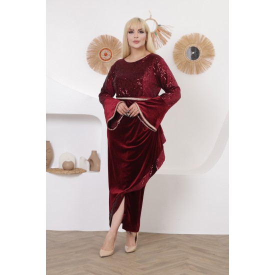 Velvet soiree dress with a luxurious burgundy color strap