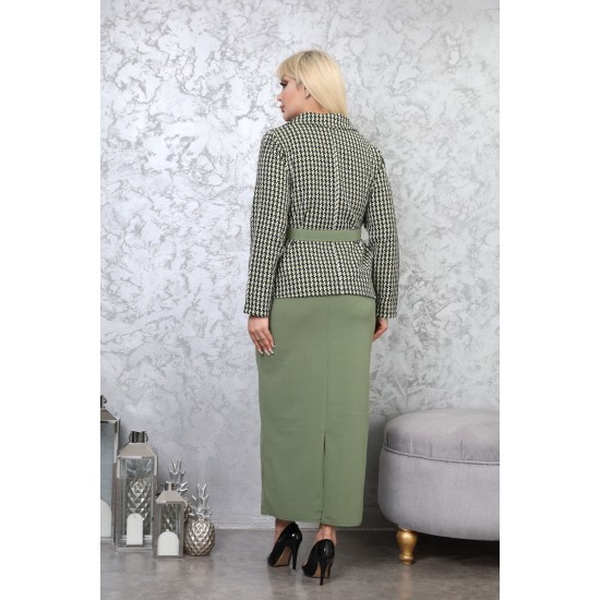 Long work dress with light green jacket